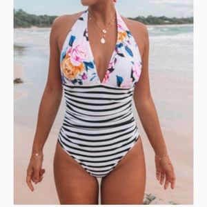 Cupshe floral/stripe halter one piece bathing suit